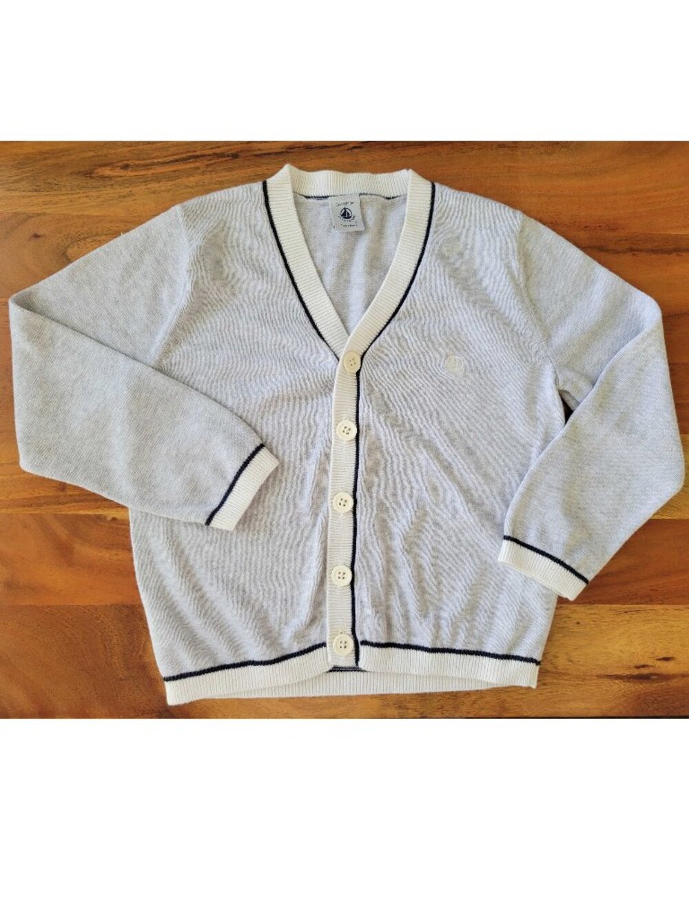 Petit Bateau Grey Cotton V-neck Cardigan Contrasting Trim Boys 5Y Preppy Luxury